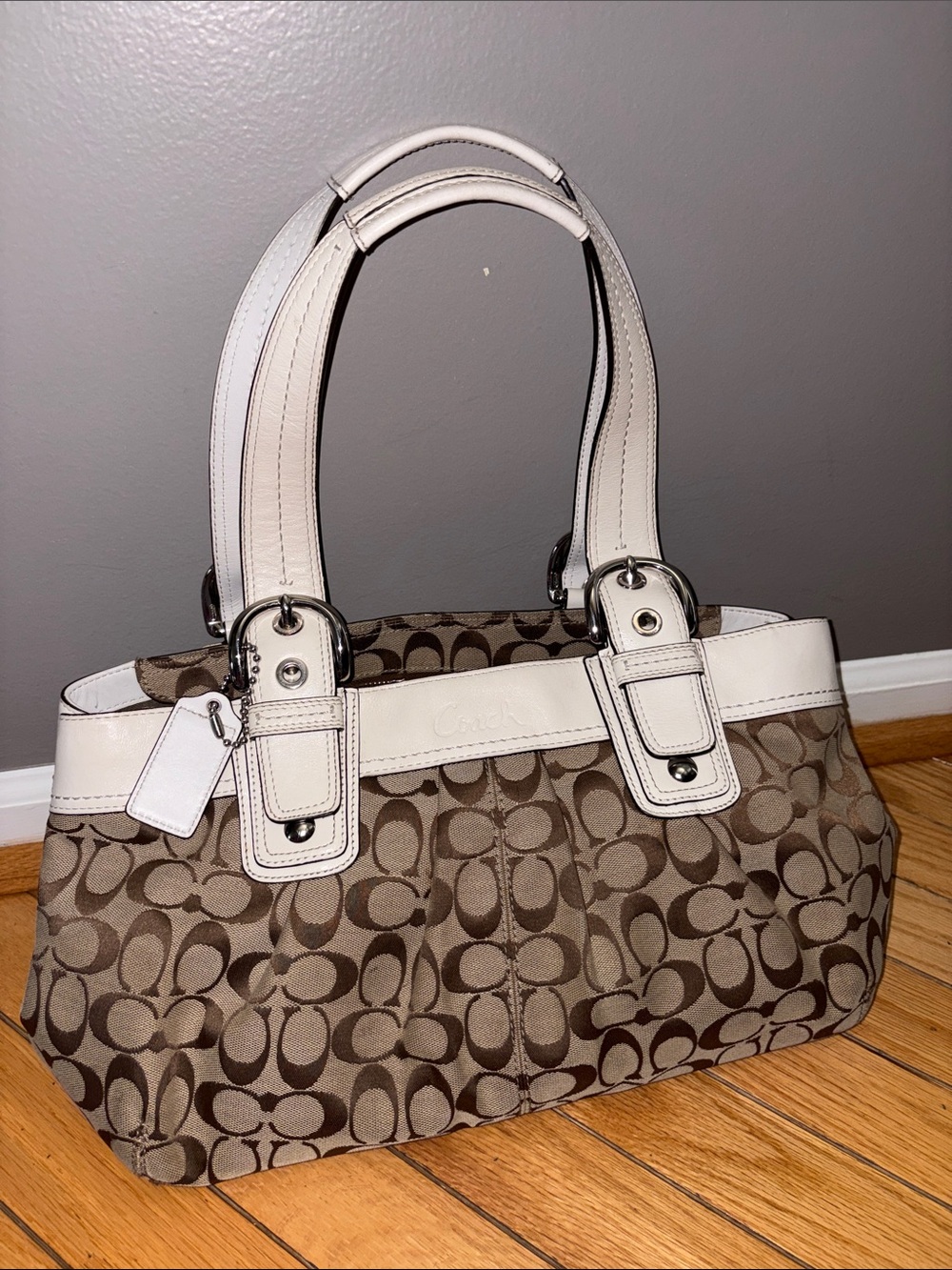 Coach Brown Signature Canvas Shoulder Bag with White Trim